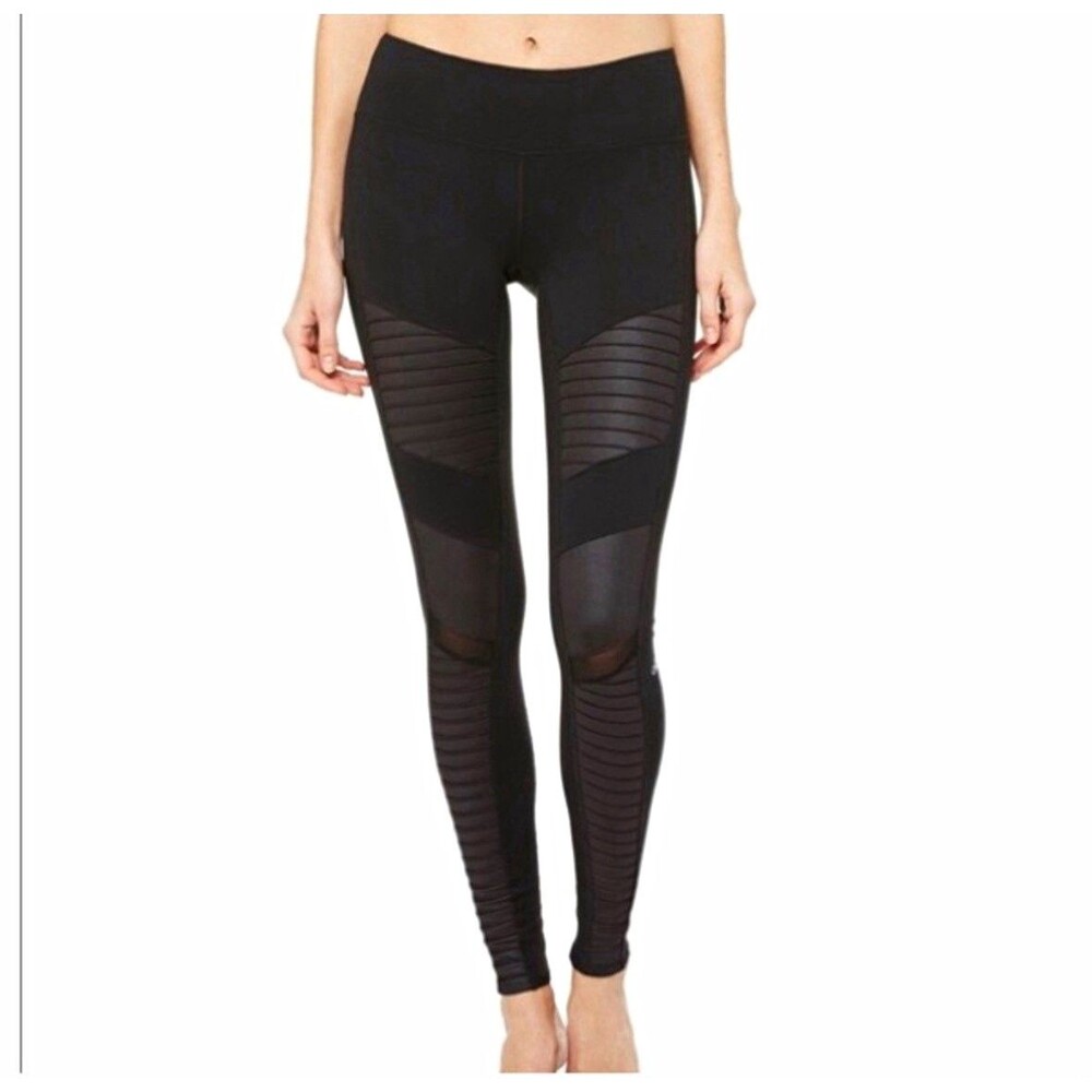 Alo Yoga Black Low Rise Moto Leggings XS Mesh Glossy Ribbed Athletic Pants